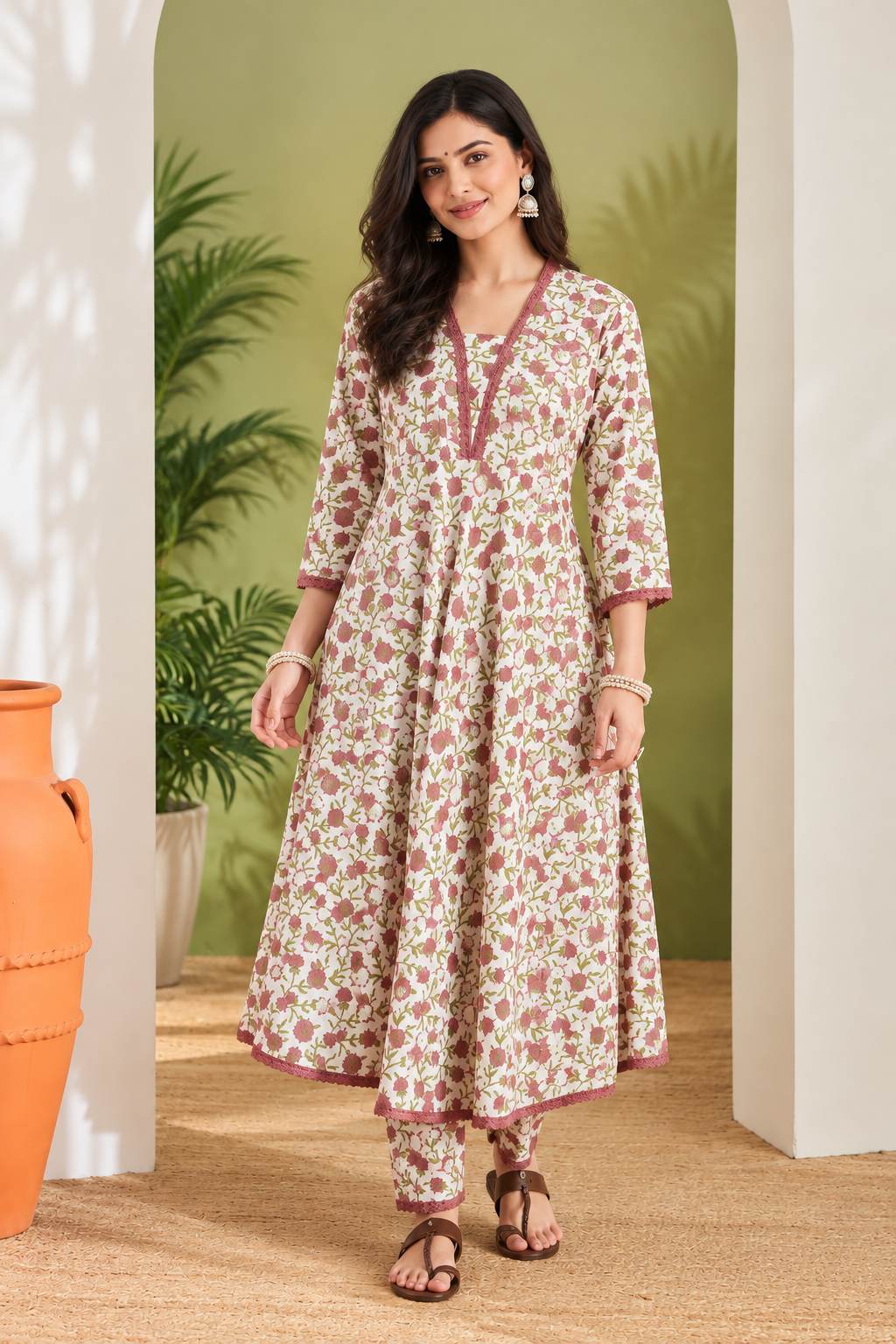 Floral Printed Pure Cotton Anarkali Kurta Set with Trouser & Dupatta-Cream