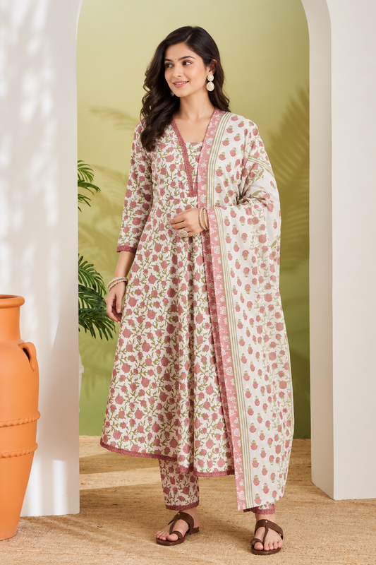 Floral Printed Pure Cotton Anarkali Kurta Set with Trouser & Dupatta-Cream