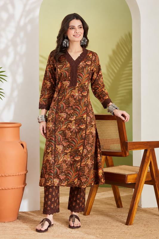 Floral Printed Pure Cotton Kurta With Pant-Brown