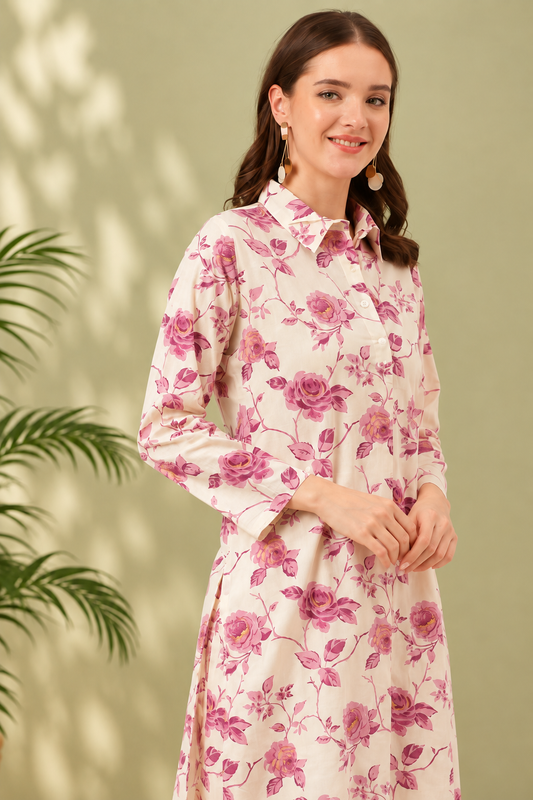 Floral Printed Cotton Kurta with Pant Co-ord Set-Purple