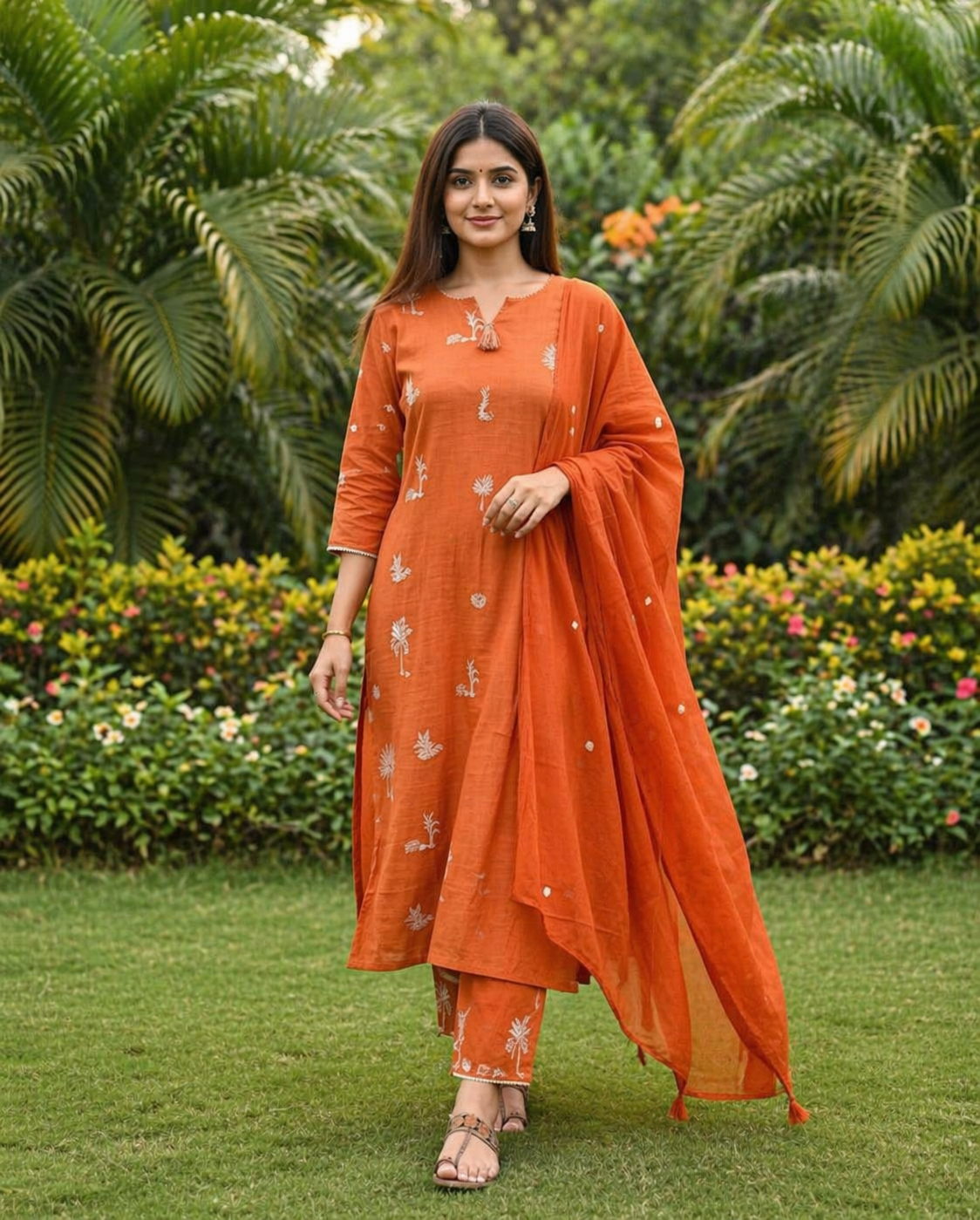 Cotton Embroidered Kurta with Pant and Dupatta set-Orange