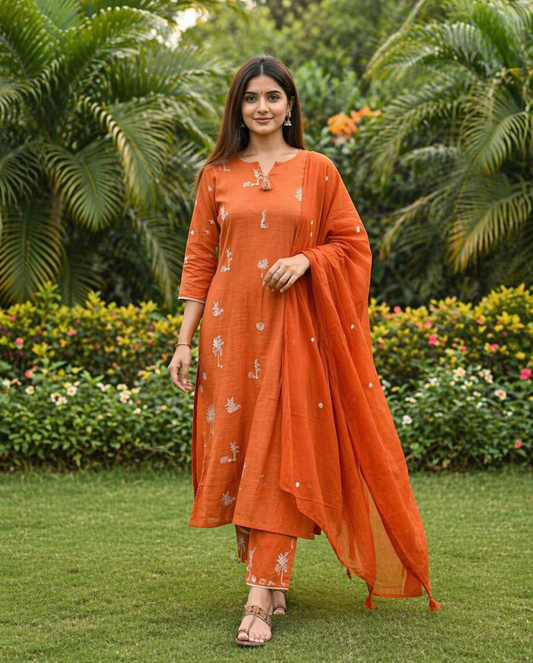 Cotton Embroidered Kurta with Pant and Dupatta set-Orange
