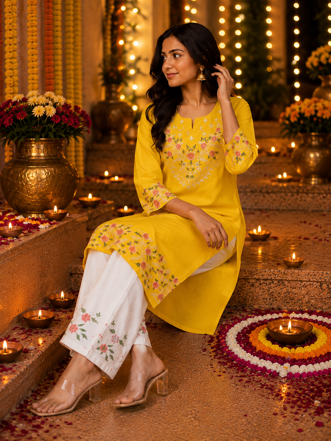 Cotton Embroidered straight Kurta Pant-Yellow