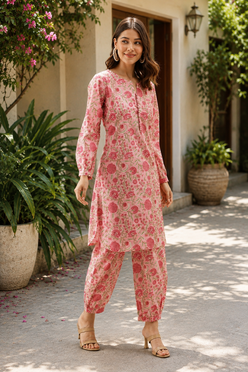 Floral Printed Cotton Co-ord set-Pink
