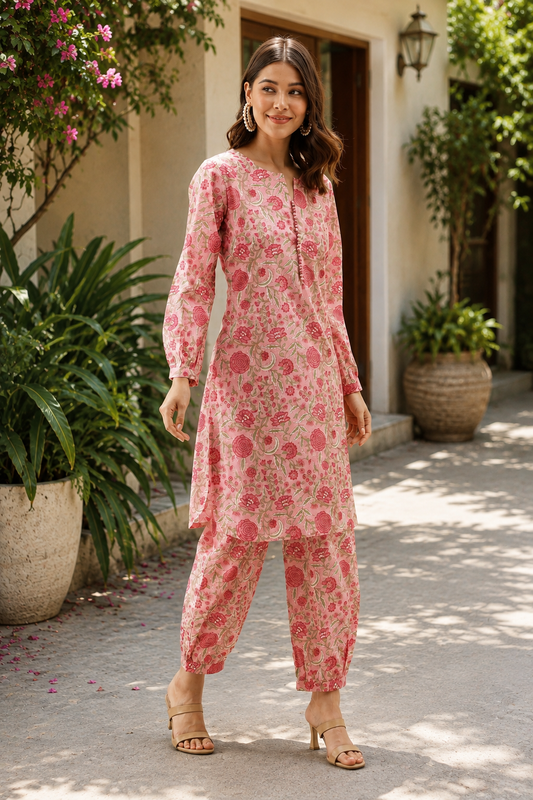 Floral Printed Cotton Co-ord set-Pink