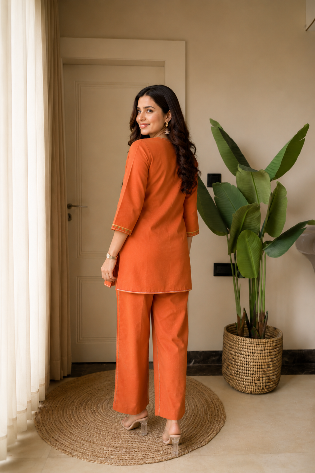 Cotton Embroidered Co-ord Set-Orange