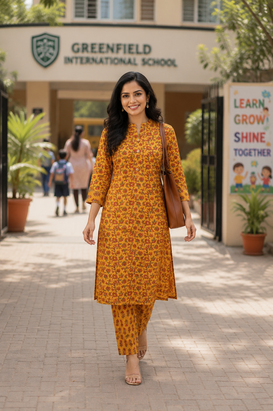 Cotton Printed Straight Kurta Pant Set- Mustard Yellow
