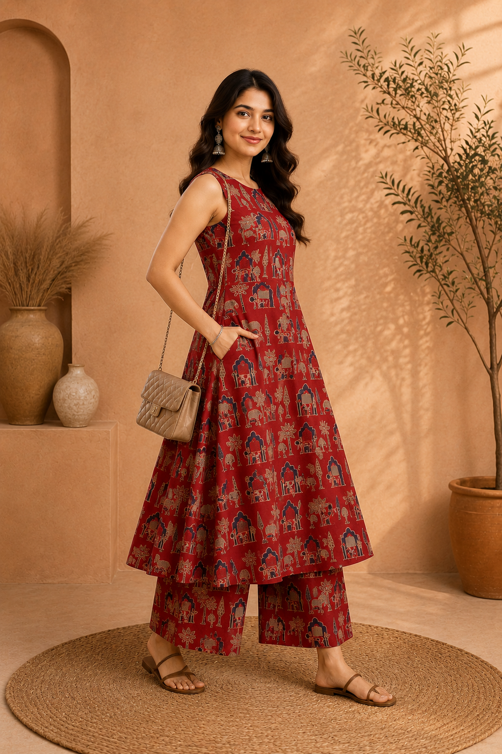 Premium Pinted cotton kurta Palazzo set- Red