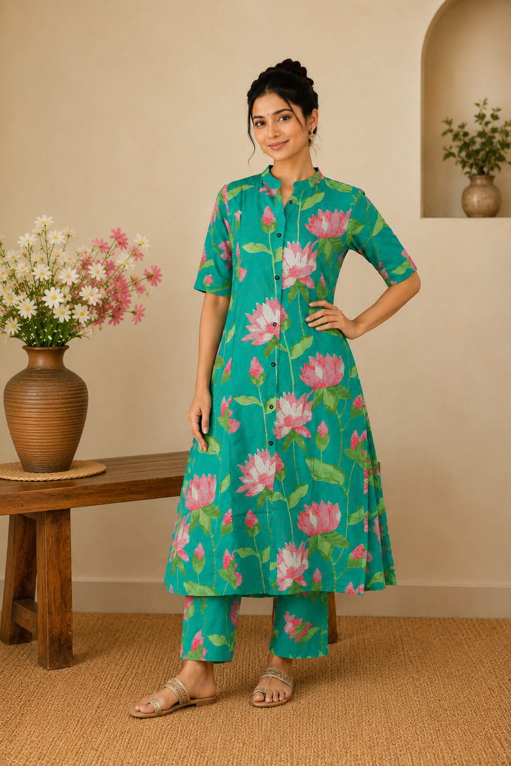 Cotton Straight Printed Floral kurta Plazzo set-Green