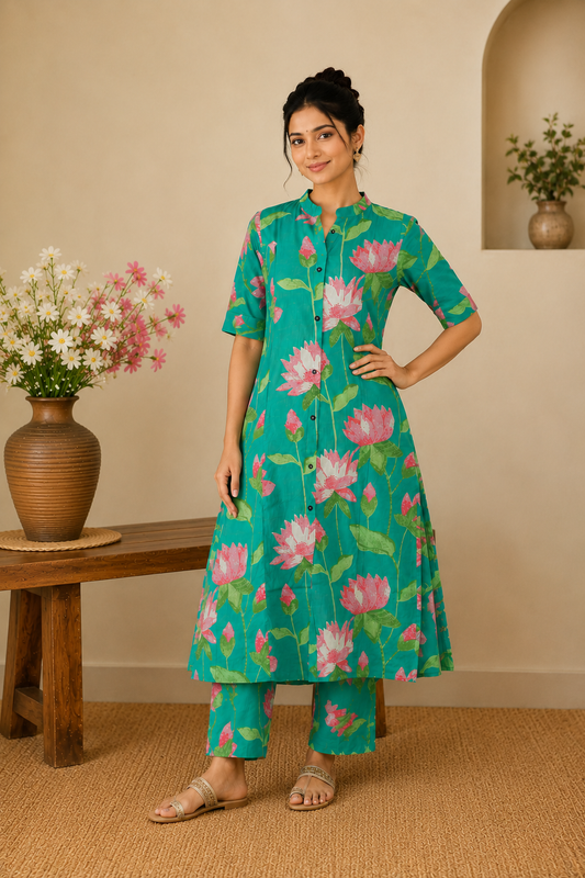 Cotton Straight Printed Floral kurta Plazzo set-Green