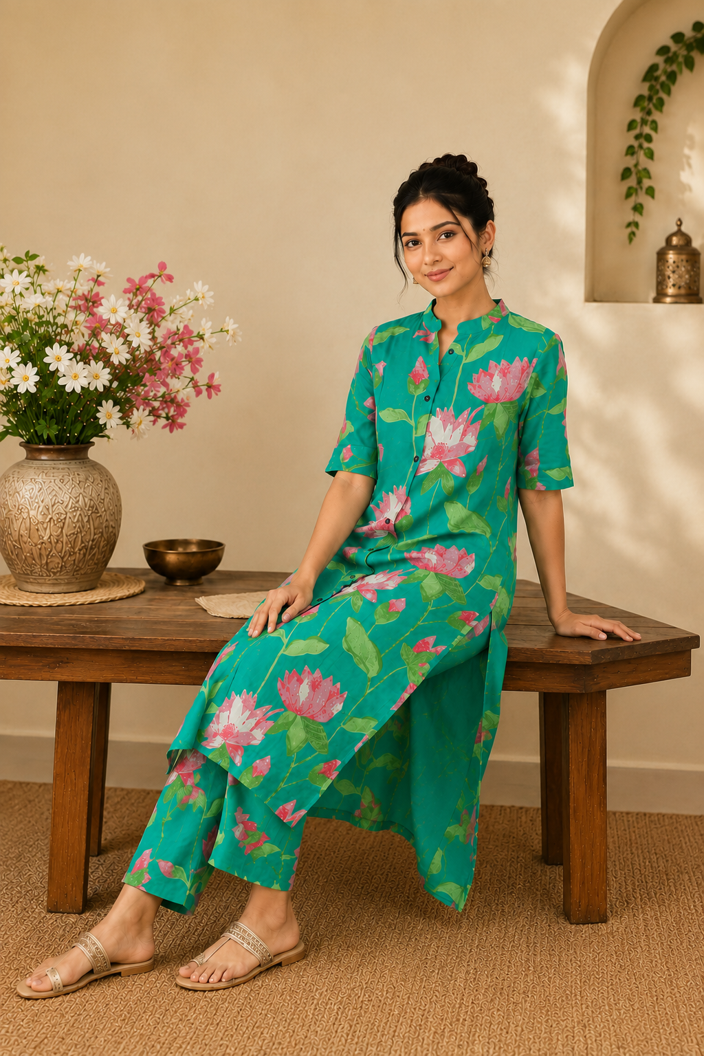 Cotton Straight Printed Floral kurta Plazzo set-Green
