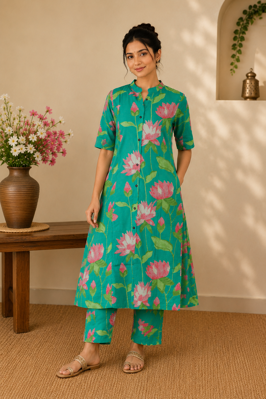 Cotton Straight Printed Floral kurta Plazzo set-Green