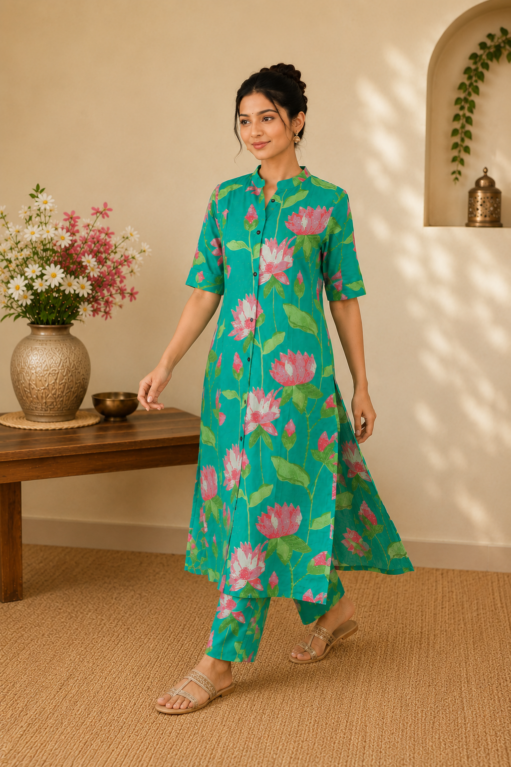 Cotton Straight Printed Floral kurta Plazzo set-Green