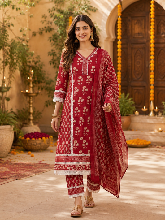 Premium Embroidered Cotton kurta Pant Set-Red