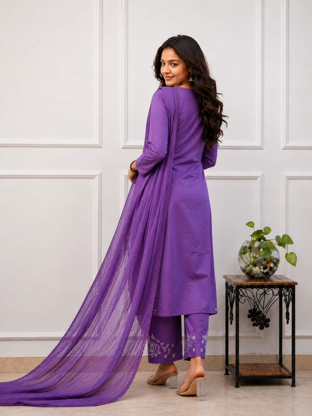 Premium Cotton Kurta Set With Dupatta - Purple.