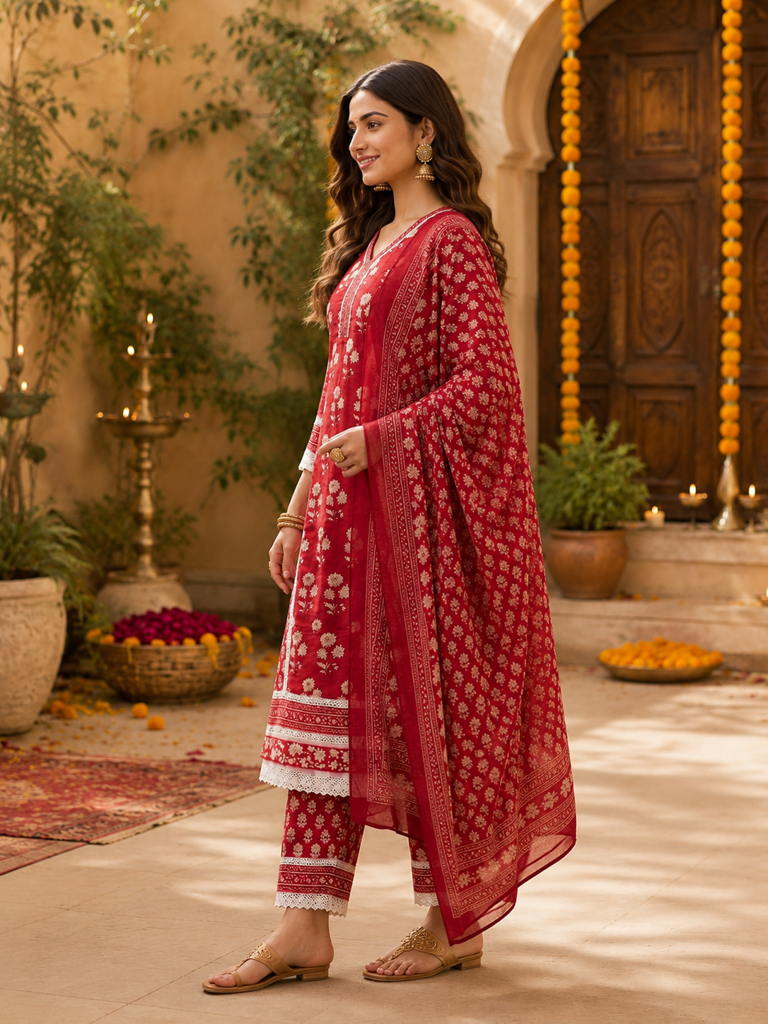 Premium Embroidered Cotton kurta Pant Set-Red