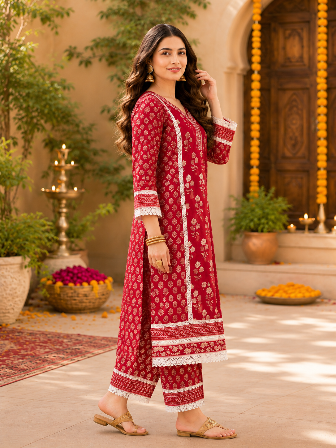 Premium Embroidered Cotton kurta Pant Set-Red