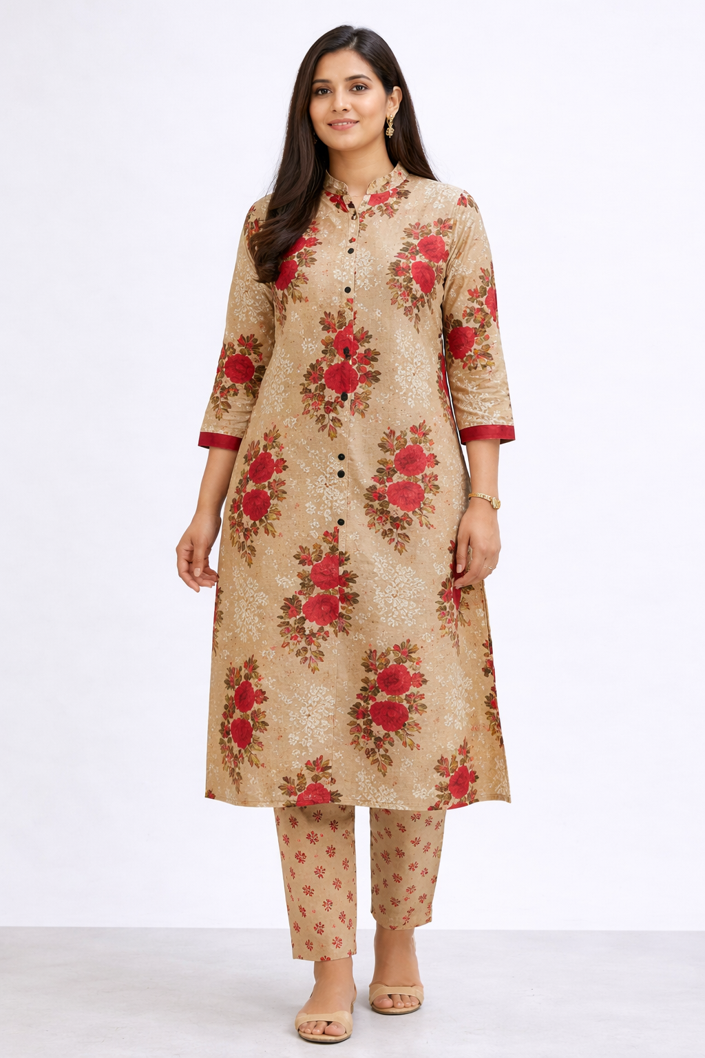 Cotton Printed Kurta with Pant Set-Light Brown
