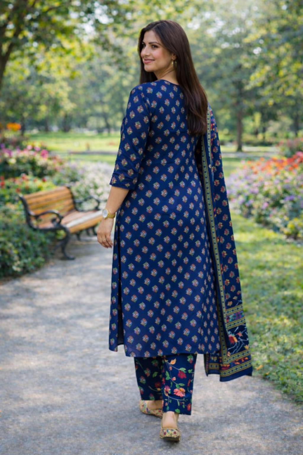 Azrakh Printed Cotton Kurta, Pant with Dupatta Set - Blue