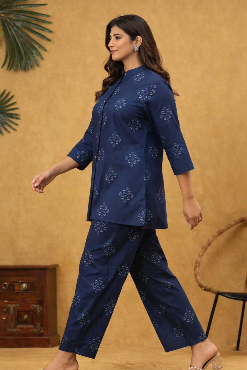 Cotton Printed Kurta with Pant Co-Ord Sets-Blue