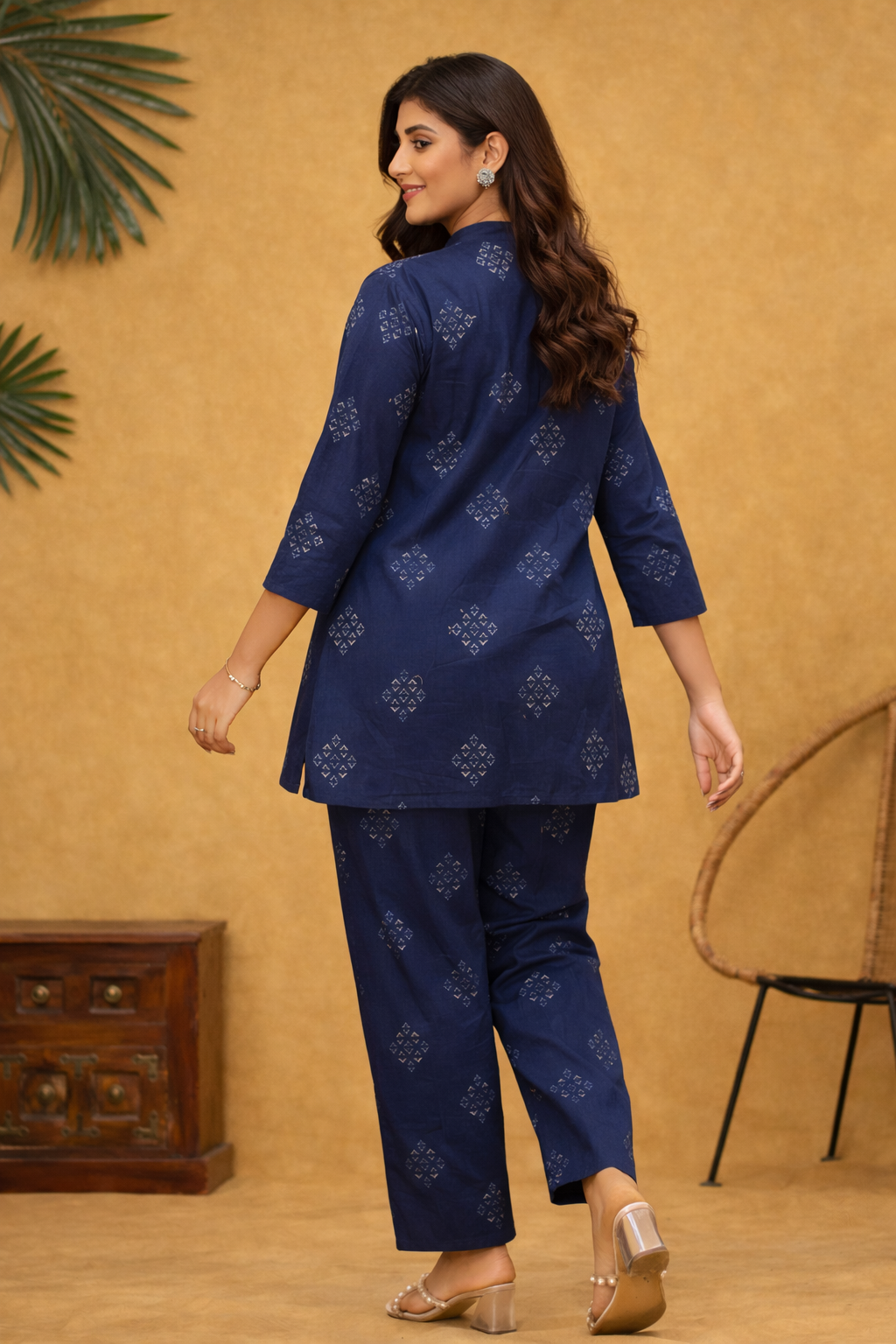 Cotton Printed Kurta with Pant Co-Ord Sets-Blue