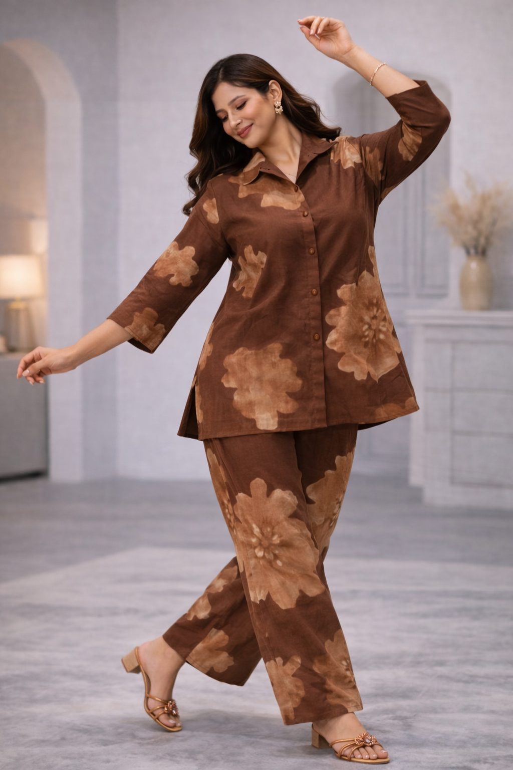 Cotton Printed Kurta with Pant Co-Ord Sets-Brown