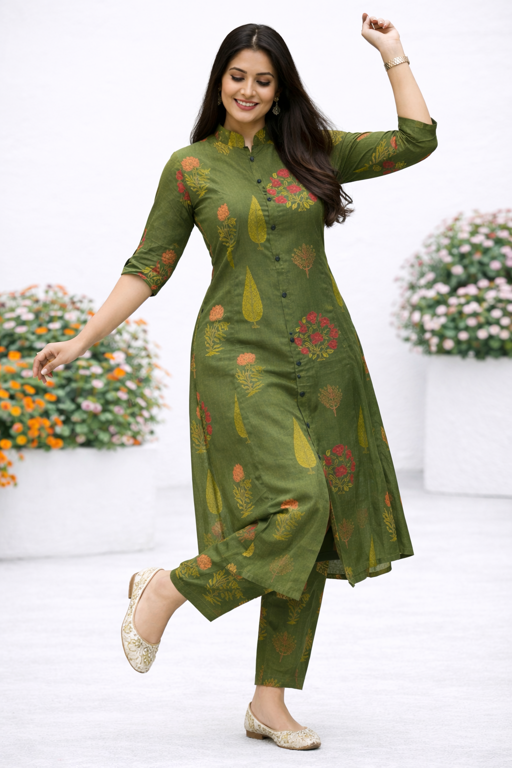 Cotton Straight Printed Floral kurta Pant set-Green
