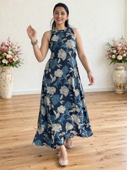 Cotton Floral A- Line Kurta with Palazzo Co-ord set-Blue