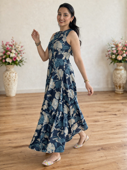 Cotton Floral A- Line Kurta with Palazzo Co-ord set-Blue