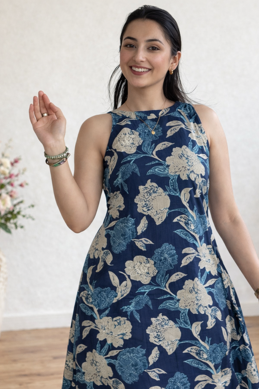Cotton Floral A- Line Kurta with Palazzo Co-ord set-Blue