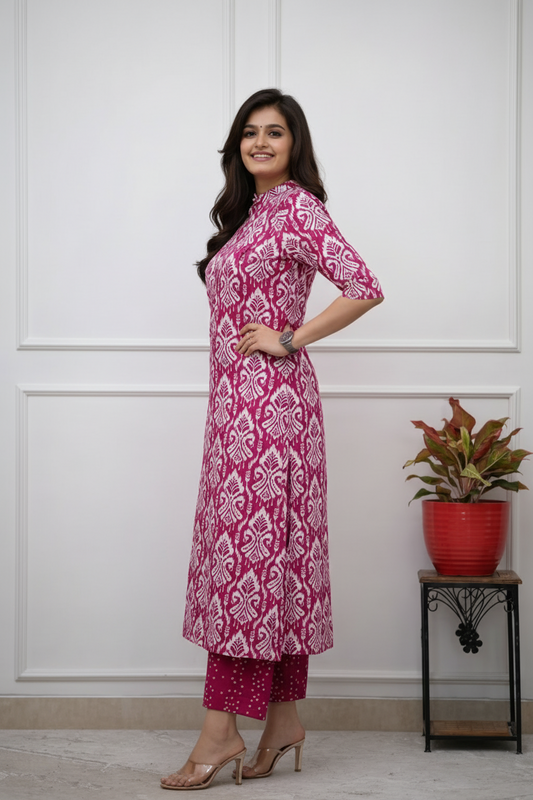 Cotton Straight Printed Kurta Pant set-Pink