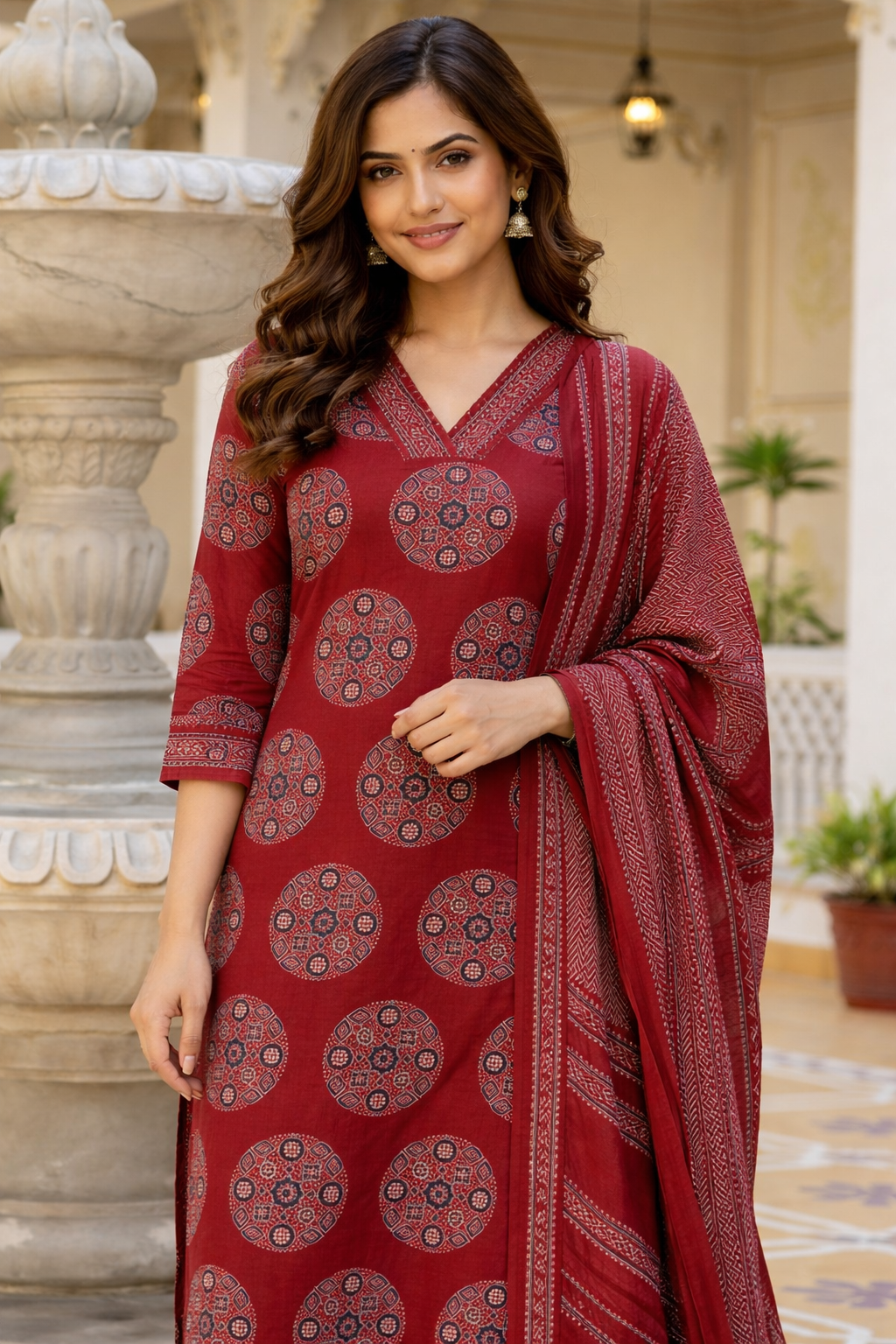 Cotton Printed Kurti with Pant and Dupatta-Maroon