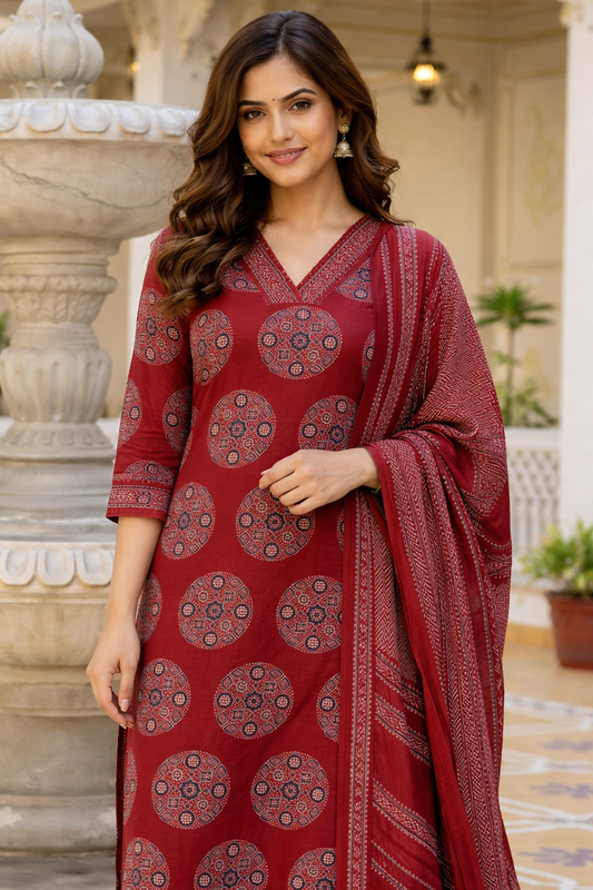 Cotton Printed Kurti with Pant and Dupatta-Maroon