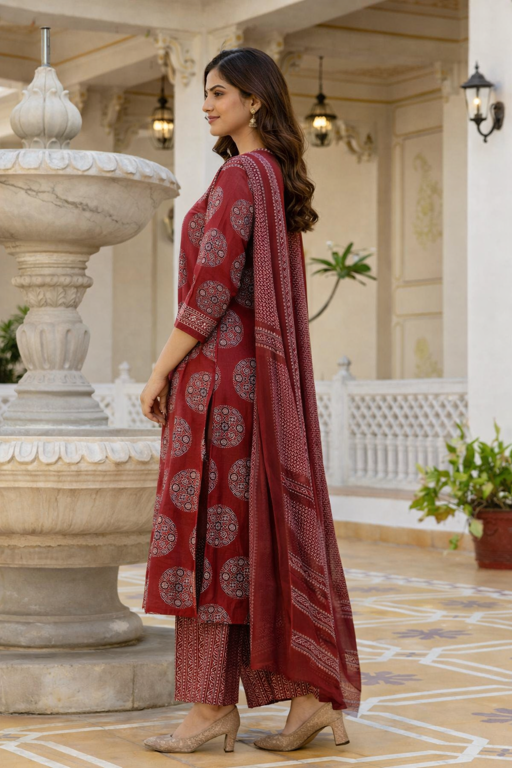 Cotton Printed Kurti with Pant and Dupatta-Maroon