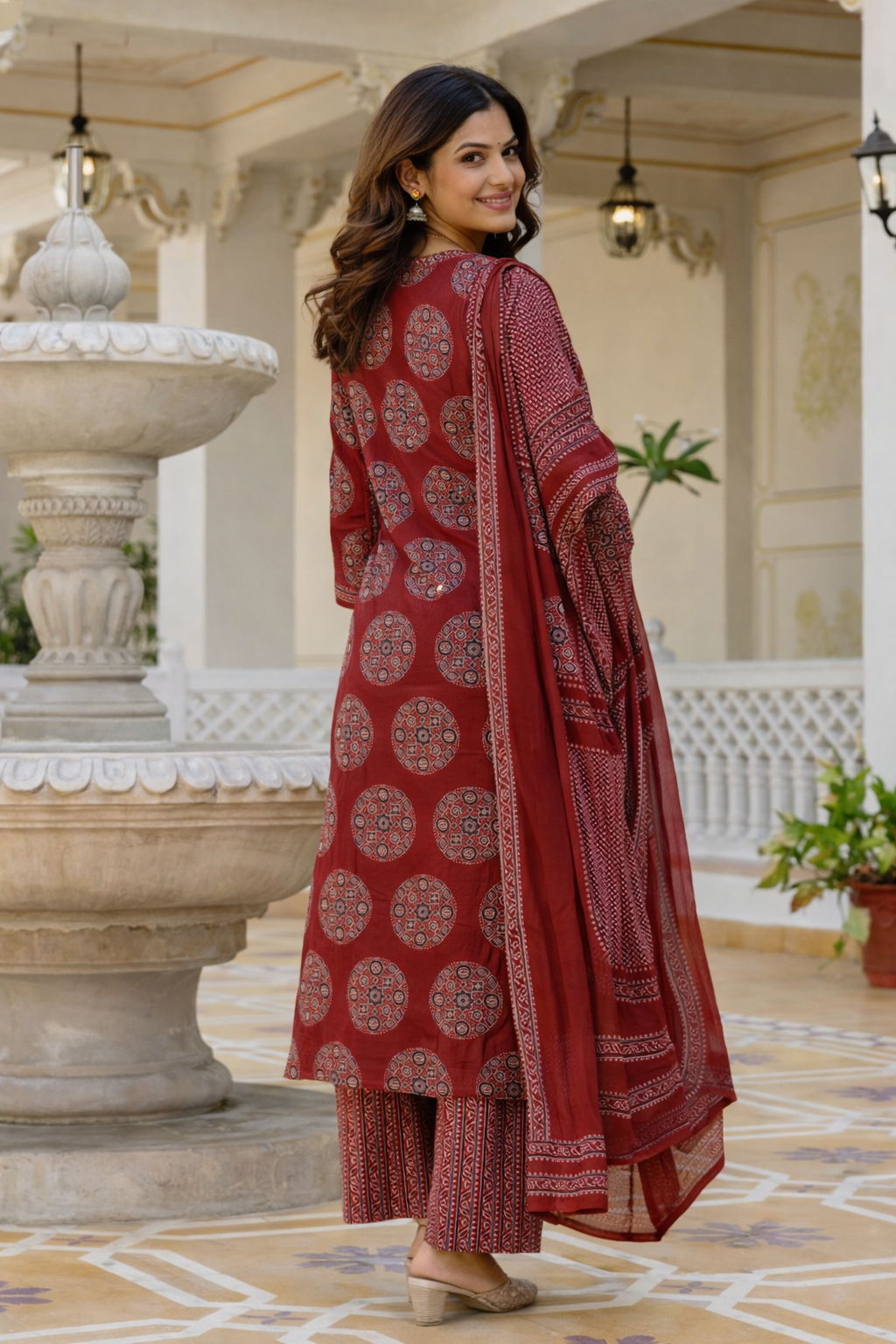 Cotton Printed Kurti with Pant and Dupatta-Maroon