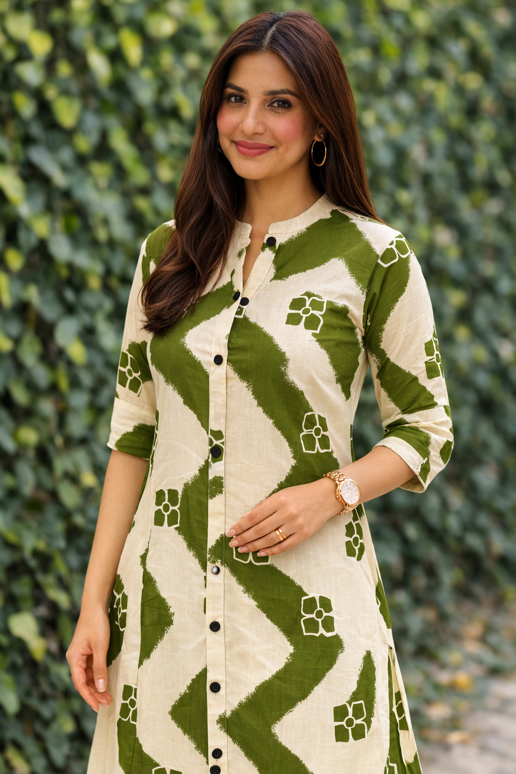 Cotton Printed Straight Kurta With Pant Set-Green