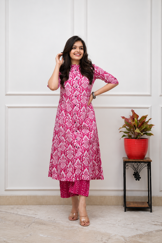 Cotton Straight Printed Kurta Pant set-Pink
