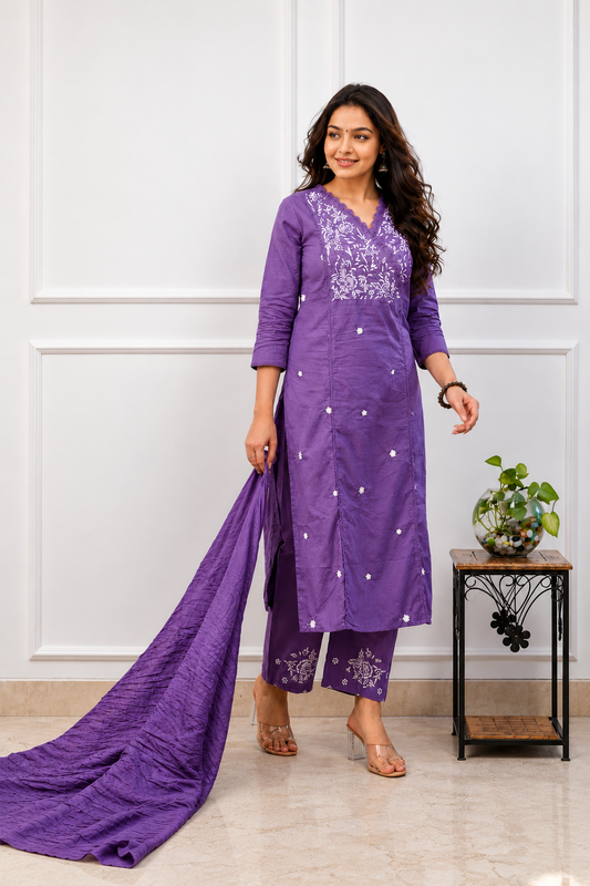 Premium Cotton Kurta Set With Dupatta - Purple.