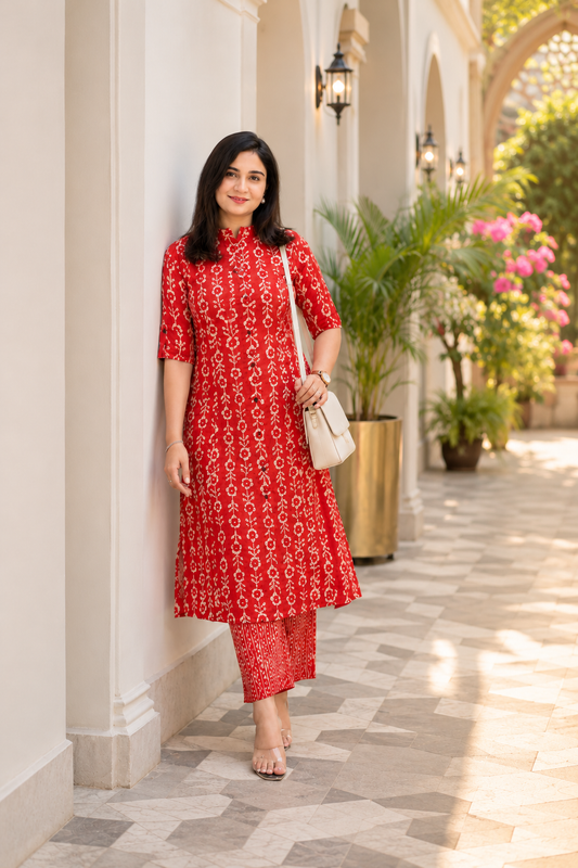 Cotton Printed Straight Kurta Pant Set-Red