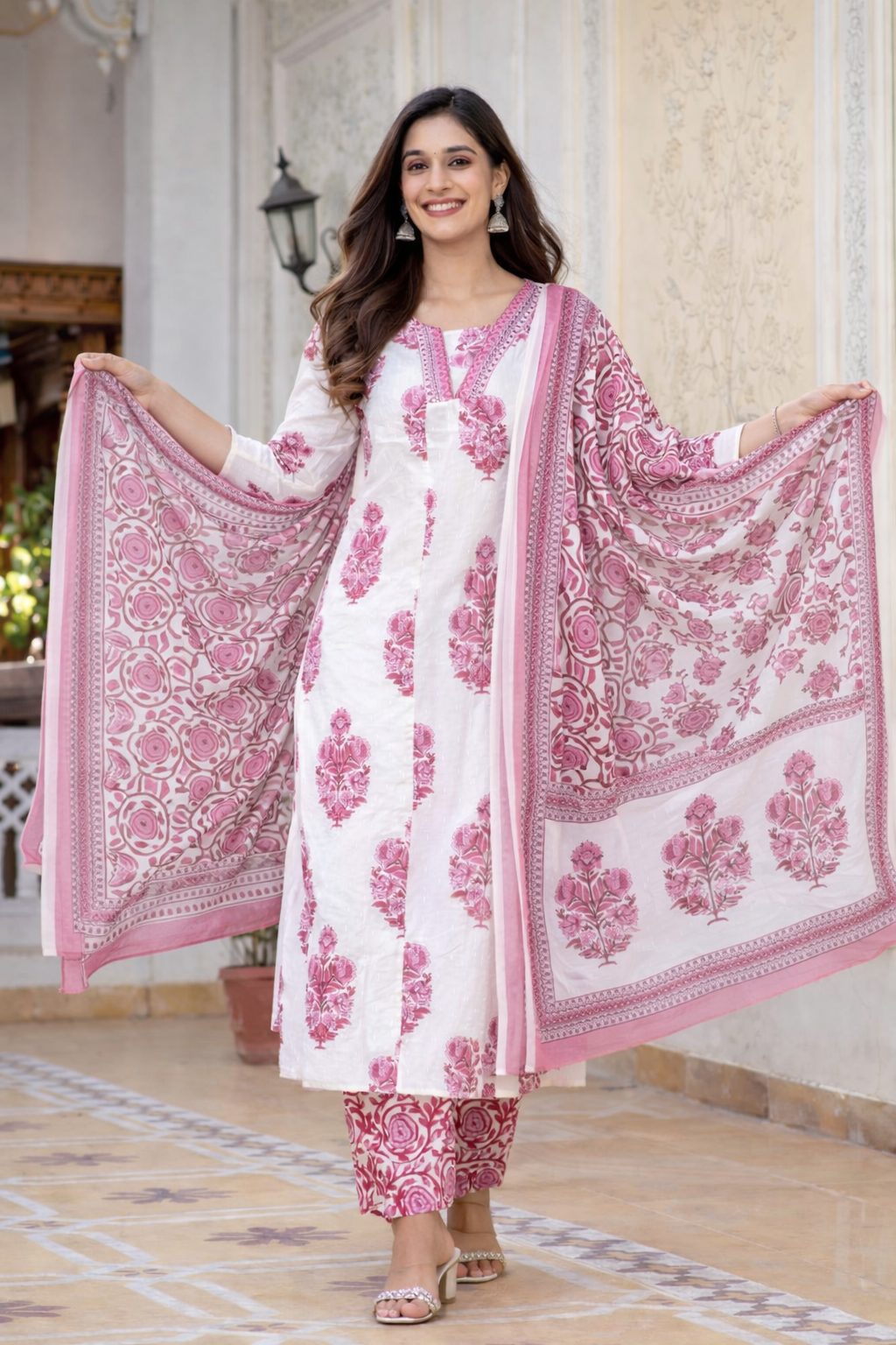 Cotton Printed Kurta , Palazzo and Dupatta-Pink