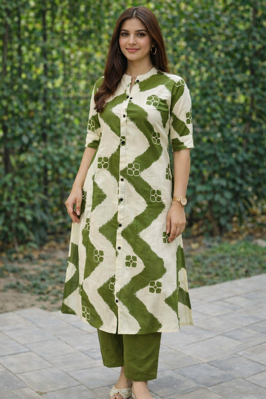 Cotton Printed Straight Kurta With Pant Set-Green