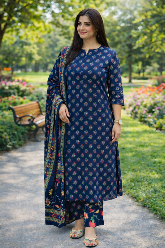 Azrakh Printed Cotton Kurta, Pant with Dupatta Set - Blue