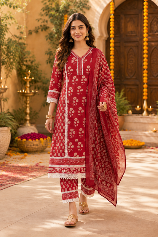 Premium Embroidered Cotton kurta Pant with Dupatta Set-Red