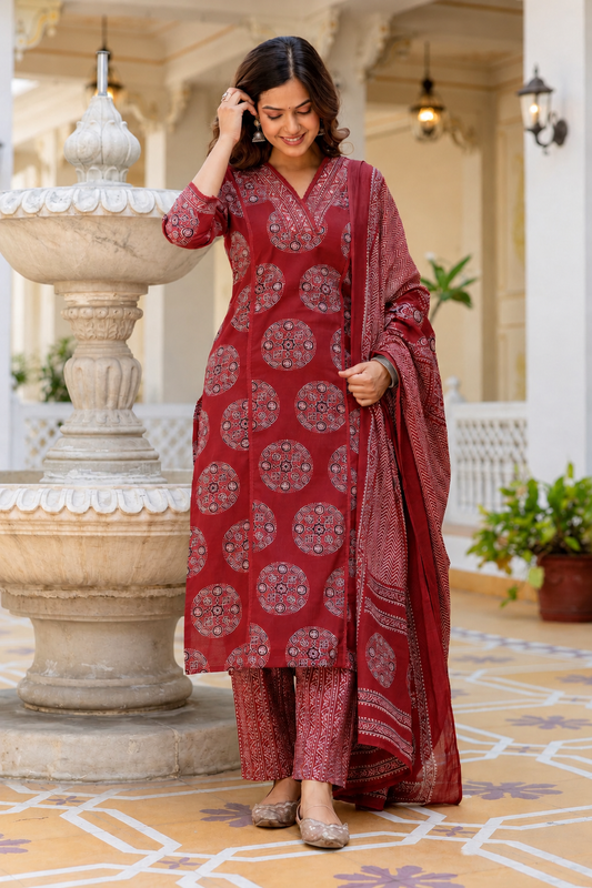Cotton Printed Kurti with Pant and Dupatta-Maroon