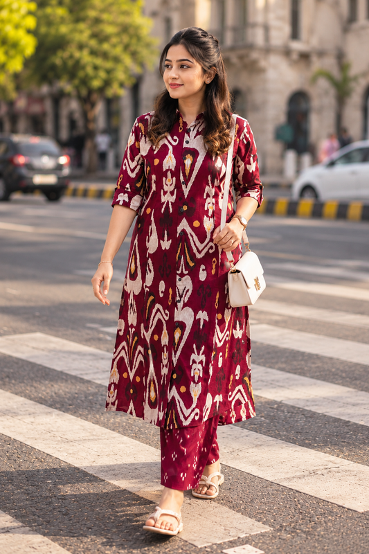 Cotton Printed Straight Kurta Pant Set- Wine