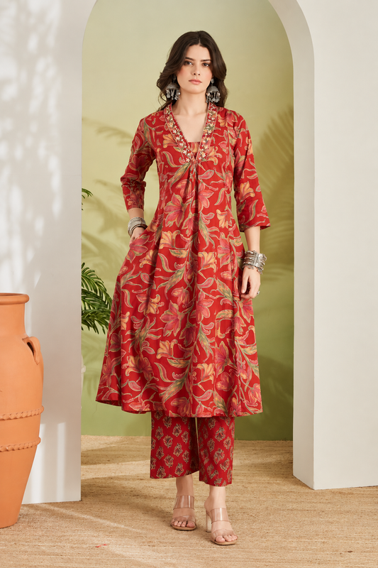 Floral Printed Pure Cotton A-line Anarkali Kurta With Pant-Red