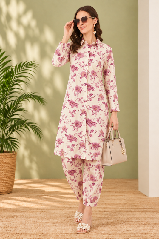 Floral Printed Cotton Kurta with Pant Co-ord Set-Purple