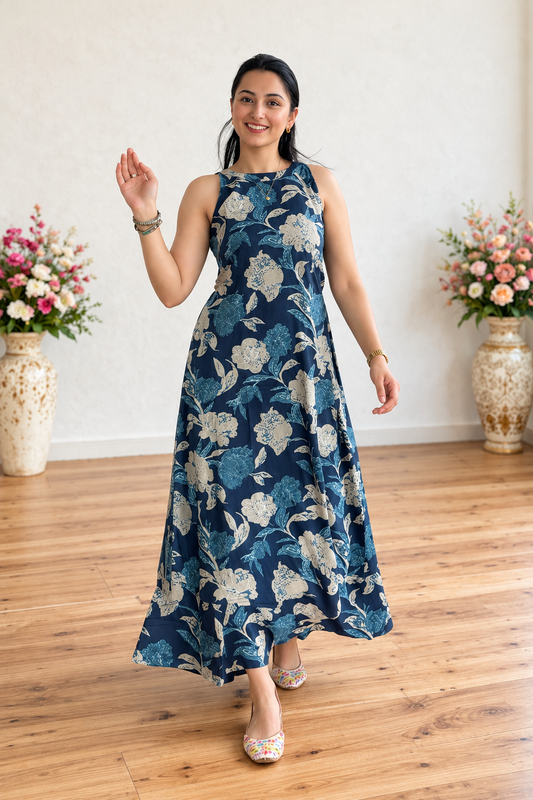 Cotton Floral A- Line Kurta with Palazzo Co-ord set-Blue