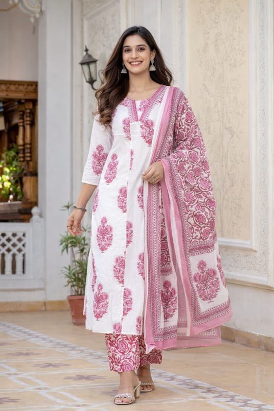Cotton Printed Kurta , Palazzo and Dupatta-Pink