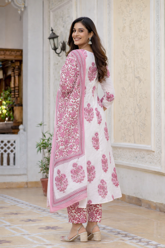 Cotton Printed Kurta , Palazzo and Dupatta-Pink